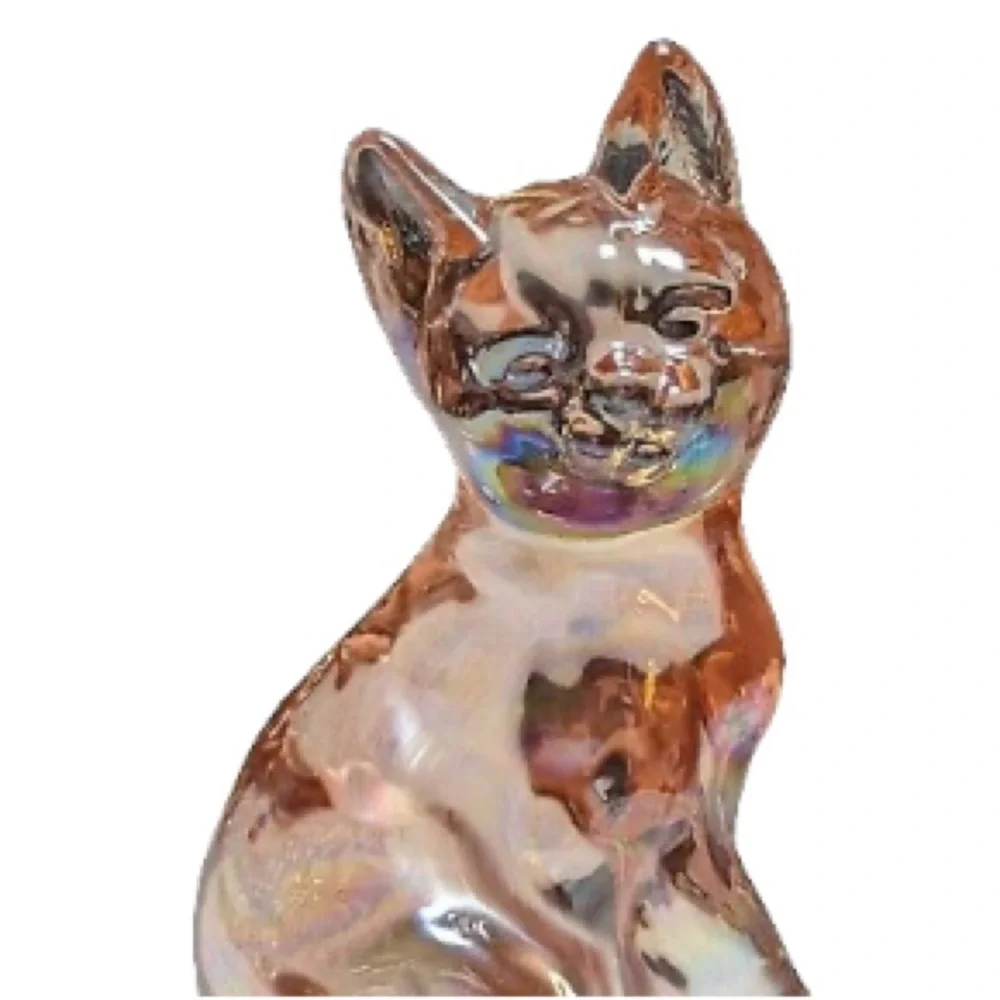 Vintage Fenton Iridescent Pink Glass Cat Kitten Collectible Decor Paperweight